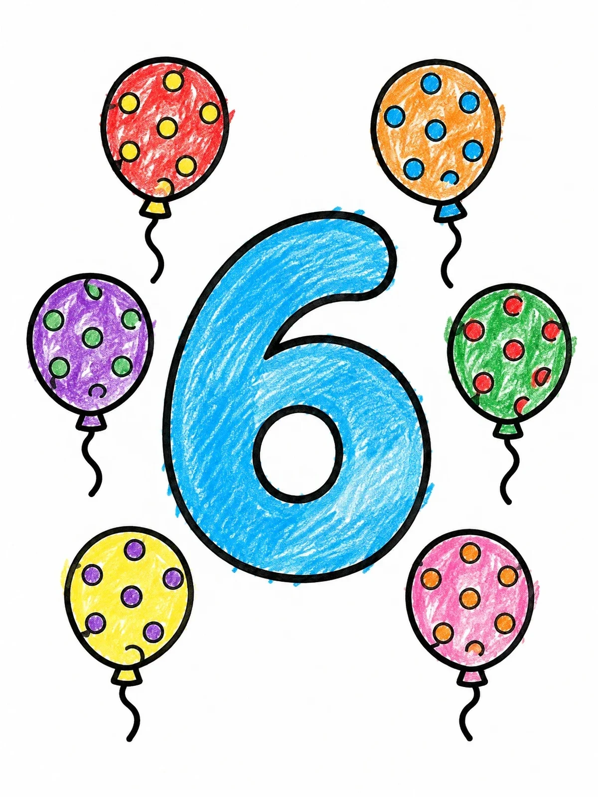 Colored example of the Number Six With Polka Dot Balloons coloring page