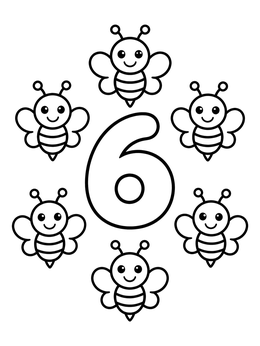 Free printable Number Six With Cute Bees coloring page