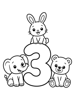 Free printable Number Three With Cute Animals coloring page