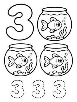 Free printable Number Three With Swimming Goldfish coloring page