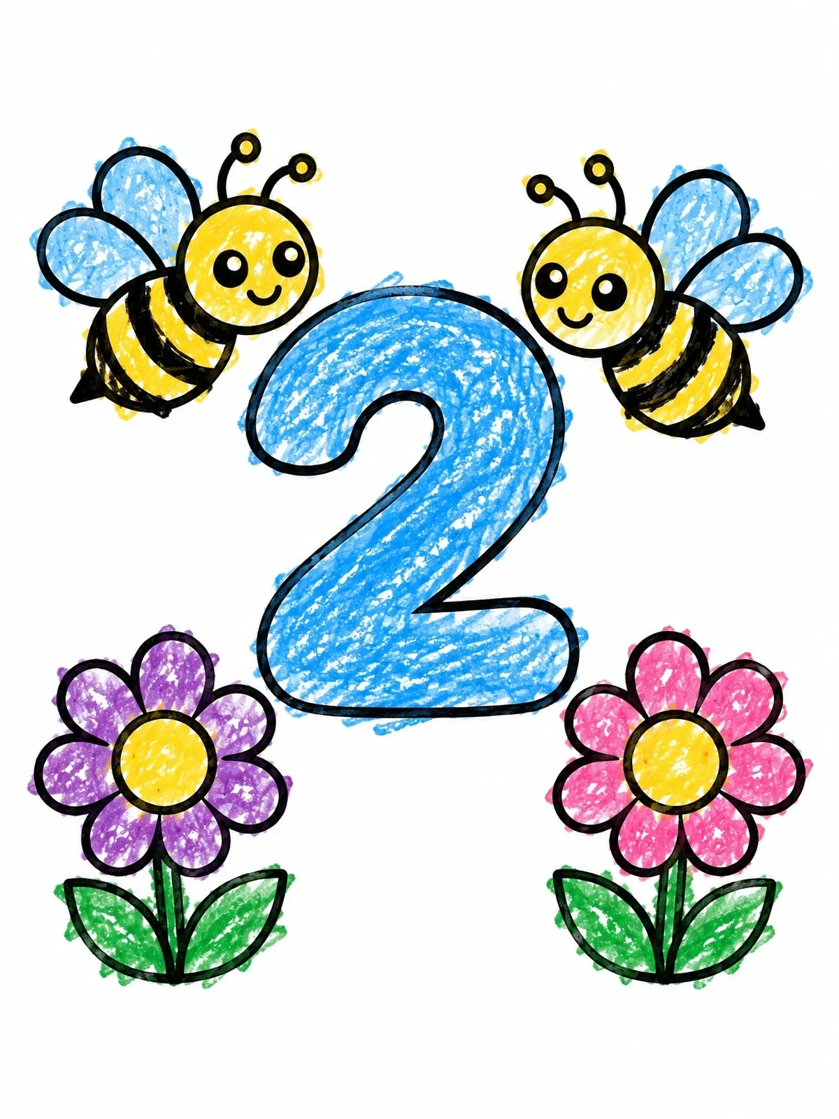 Colored example of the Number Two With Bees And Flowers coloring page