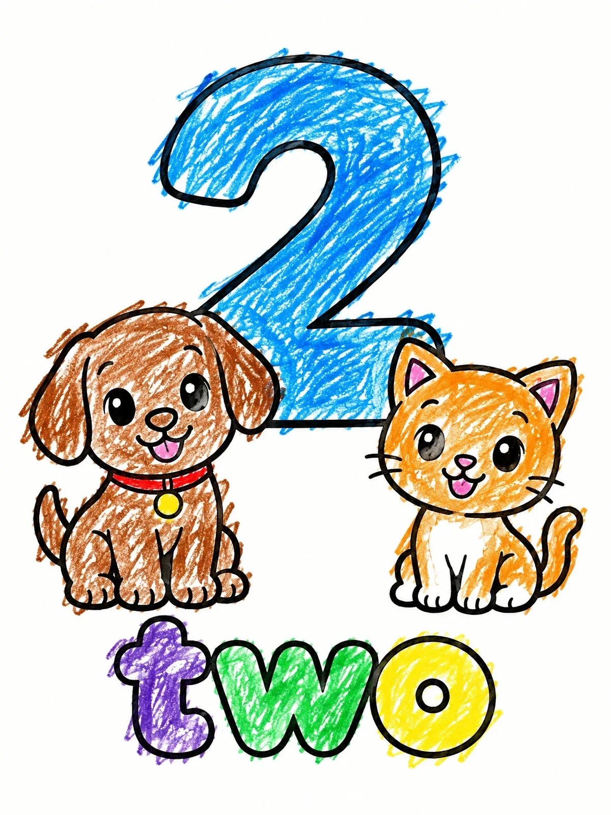 Colored example of the Number Two With Puppy And Kitten coloring page