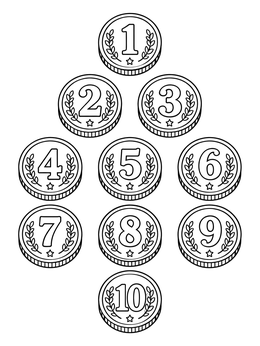 A set of numbered gold coins coloring page arranged neatly from one to ten with laurel wreaths.