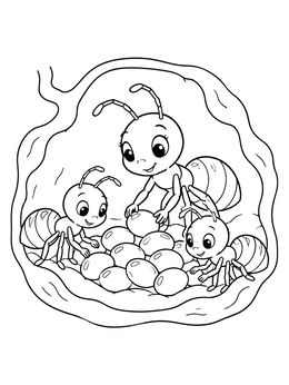 Cute nurse ants caring for their eggs underground in an ant coloring page.