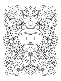Intricate nurse coloring page featuring a classic nurse cap framed by flowers and leaves.