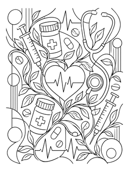 A detailed nurse coloring page featuring a stethoscope, syringes, medicine bottles, and vines around a heart.