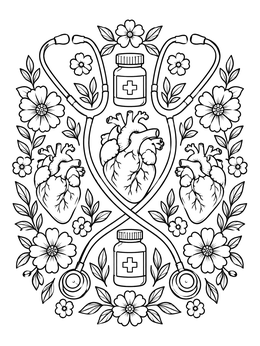 Free printable Medical Floral Pattern With Hearts And Stethoscopes coloring page