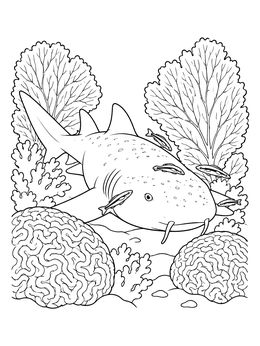 Detailed nurse shark coloring page surrounded by brain corals and sea fans with cleaner fish.