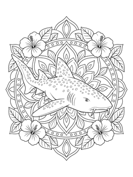 Detailed nurse shark coloring page surrounded by a circular hibiscus mandala.