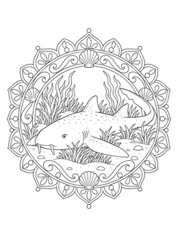 Nurse shark resting on the ocean floor inside an ornate mandala in this nurse shark coloring page.