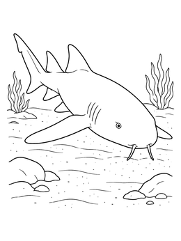 A nurse shark coloring page featuring the creature swimming near the sandy seabed.