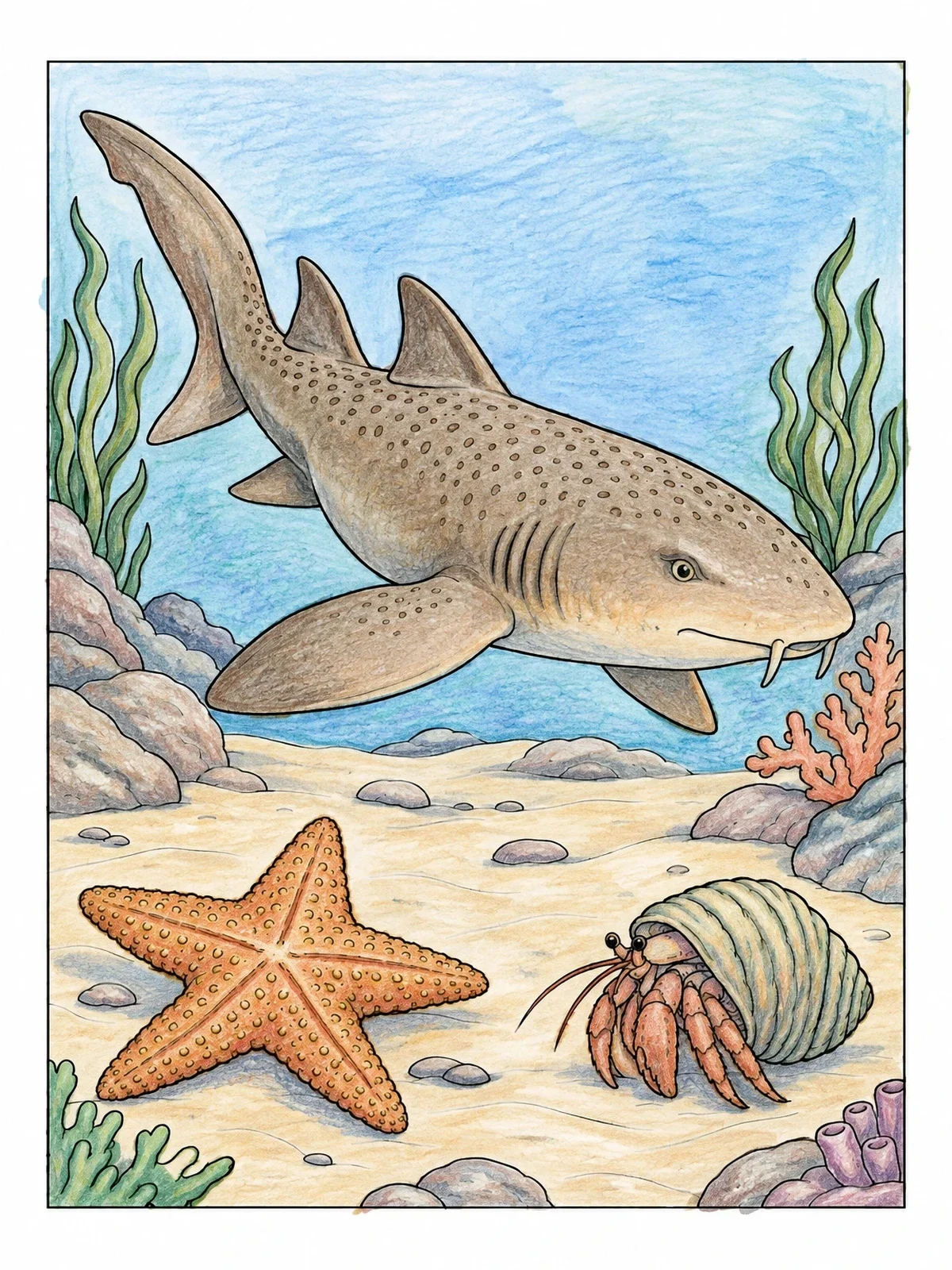 Colored example of the Nurse Shark Over Ocean Floor coloring page