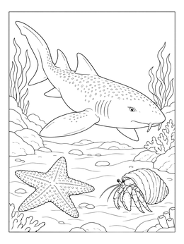 Detailed nurse shark coloring page featuring a starfish and hermit crab on the seabed.
