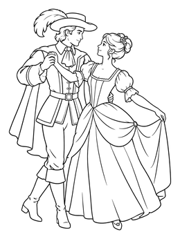 A dancing couple in historical attire on this nutcracker coloring page.