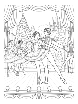 Dancers perform on stage in this christmas ballet coloring page featuring a grand winter backdrop.