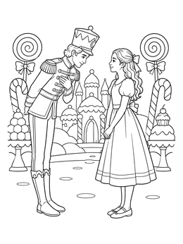 A gallant prince bowing to a girl in this festive nutcracker coloring page with giant sweets.