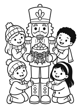 Kids admire a toy soldier in this hot cocoa coloring page.