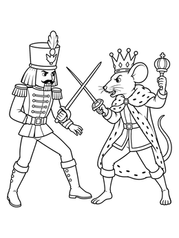 A classic nutcracker coloring page featuring the Nutcracker soldier dueling the crowned Mouse King with swords.