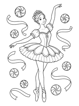 Sugar Plum Fairy en pointe surrounded by swirled candies in this nutcracker coloring page.