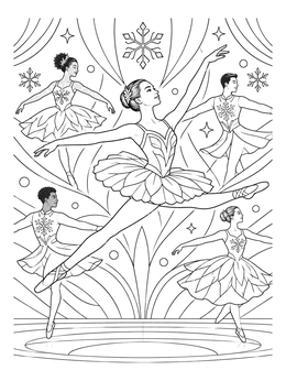 A graceful ballerina leaps on stage in this nutcracker coloring page surrounded by snowflake dancers.