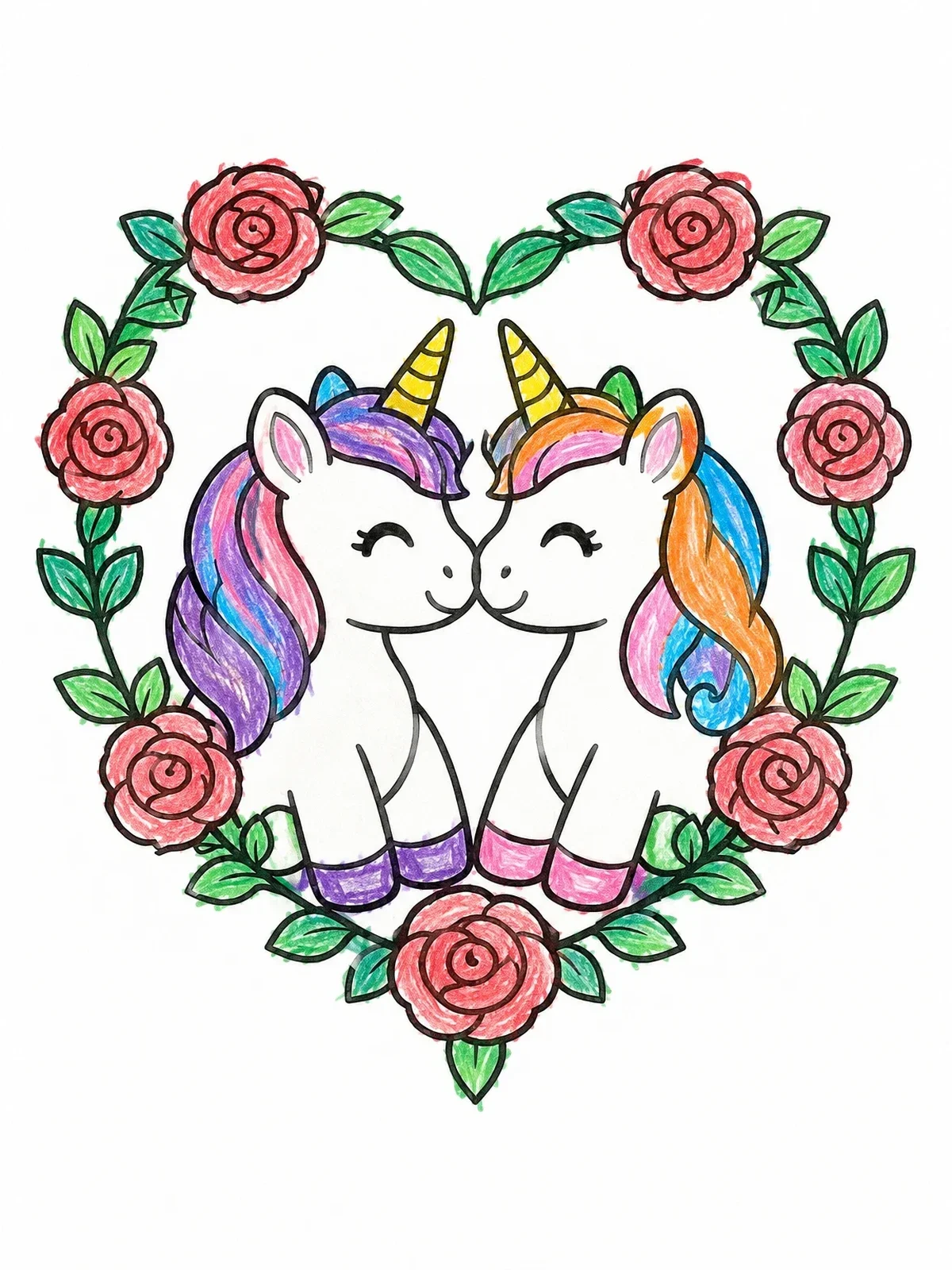 Colored example of the Nuzzling Unicorns In Rose Heart Wreath coloring page