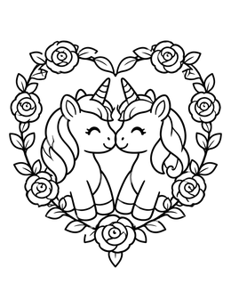 Free printable Nuzzling Unicorns In Rose Heart Wreath coloring page