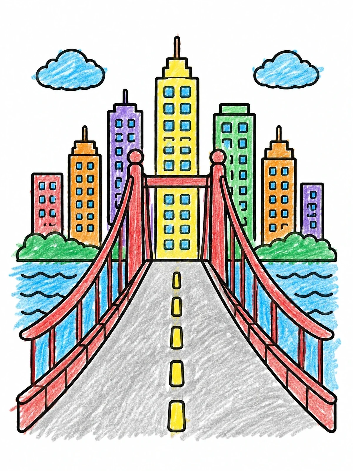 Colored example of the Suspension Bridge To City Skyline coloring page