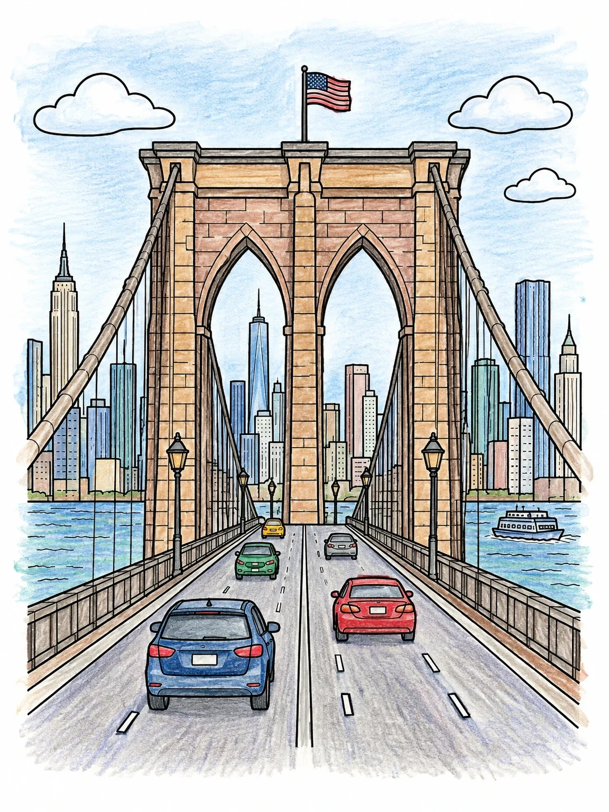 Colored example of the Brooklyn Bridge And Manhattan Skyline coloring page