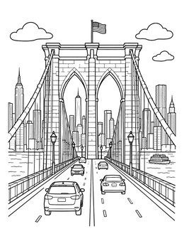 Free printable Brooklyn Bridge And Manhattan Skyline coloring page