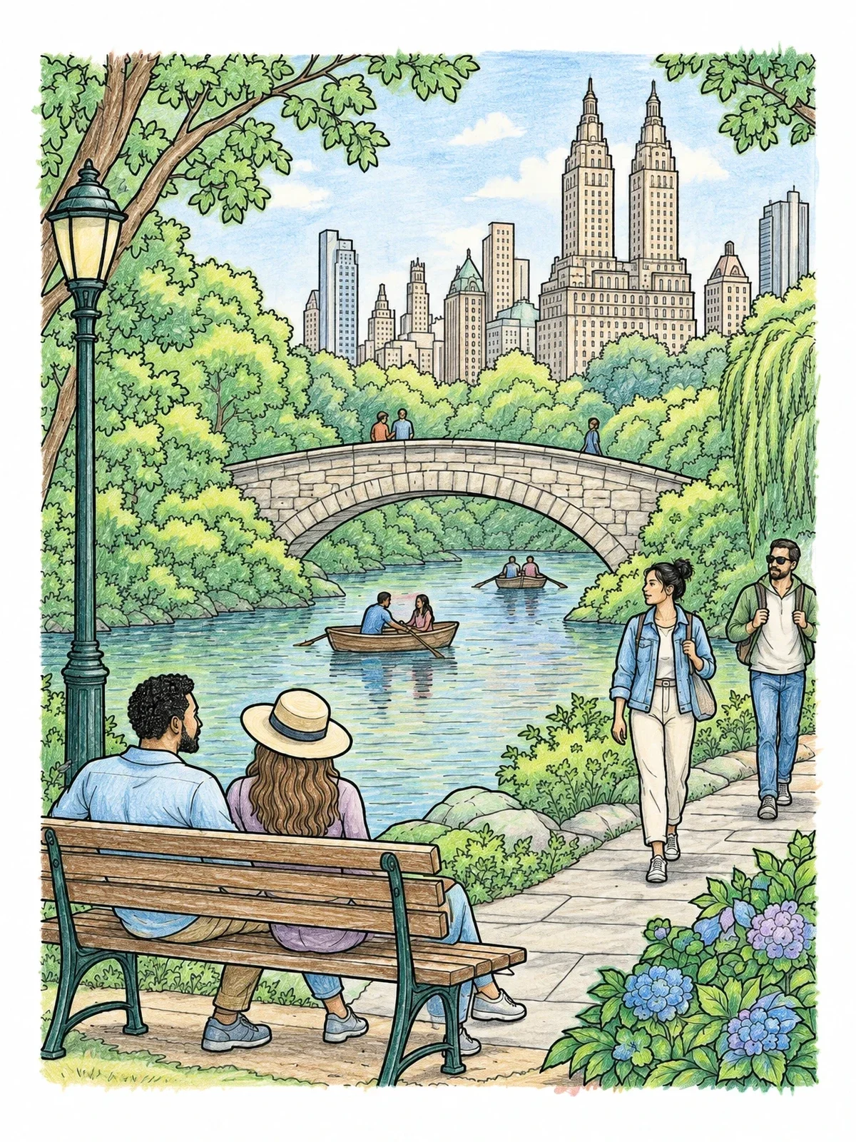 Colored example of the Central Park Lake With Skyline View coloring page