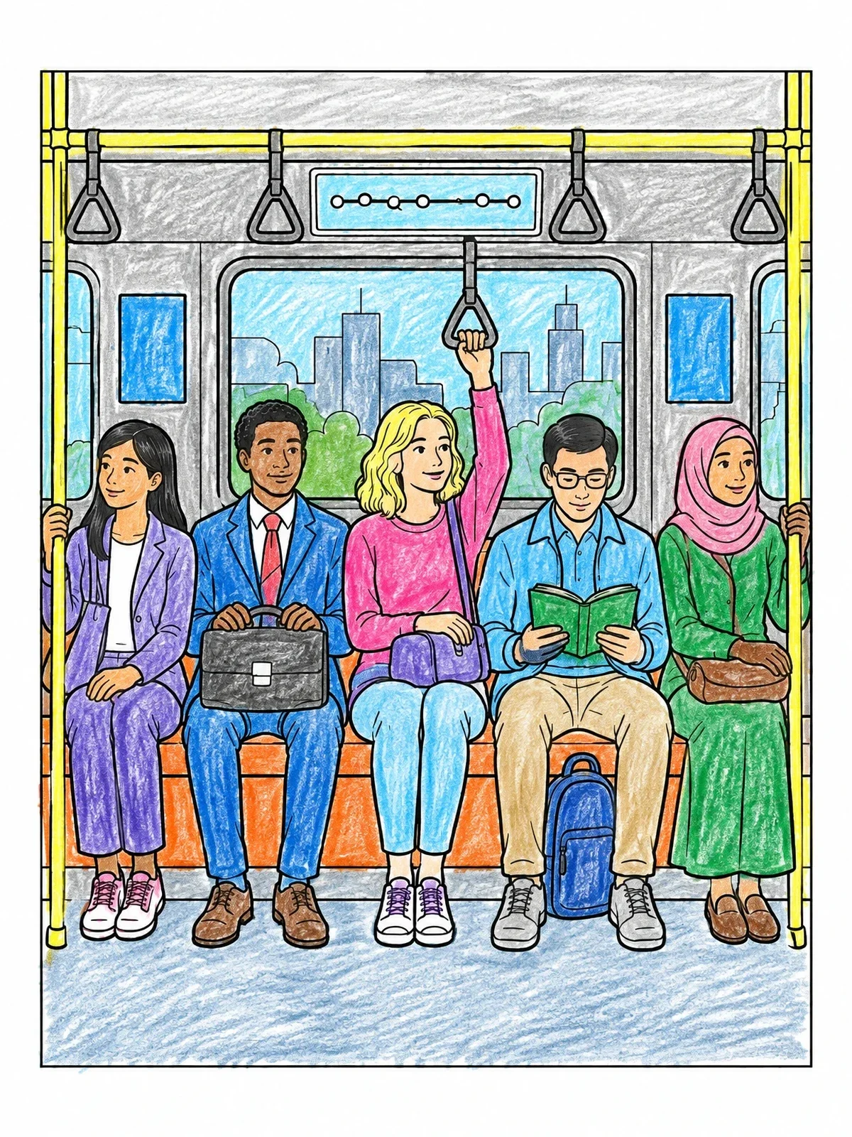 Colored example of the Commuters On A Subway Train coloring page