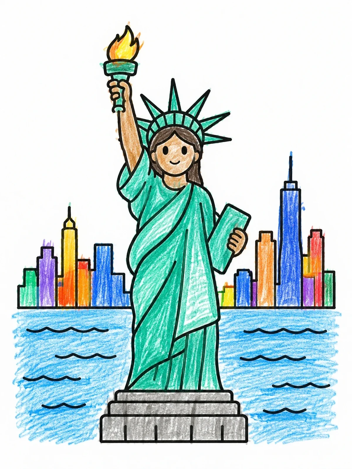 Colored example of the Cute Statue Of Liberty In Harbor coloring page