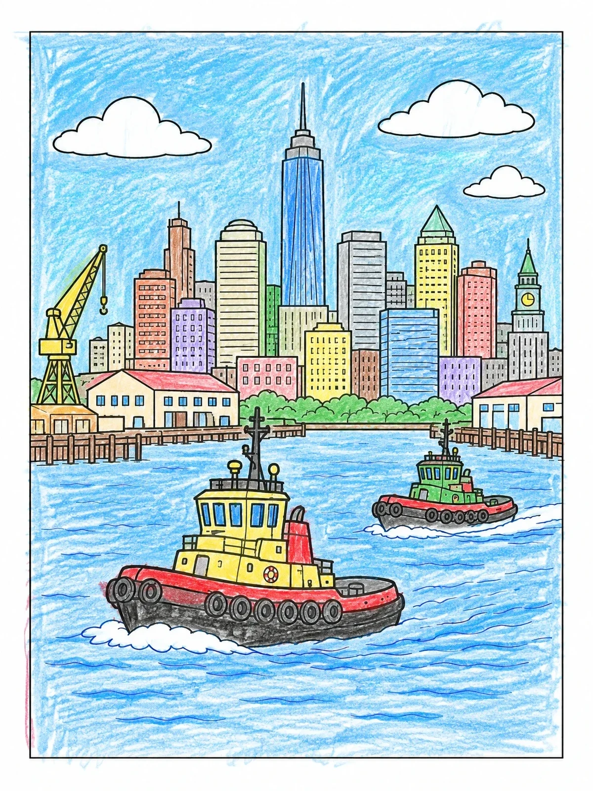 Colored example of the New York Harbor Tugboats Skyline coloring page