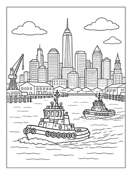 Free printable New York Harbor Tugboats Skyline coloring page