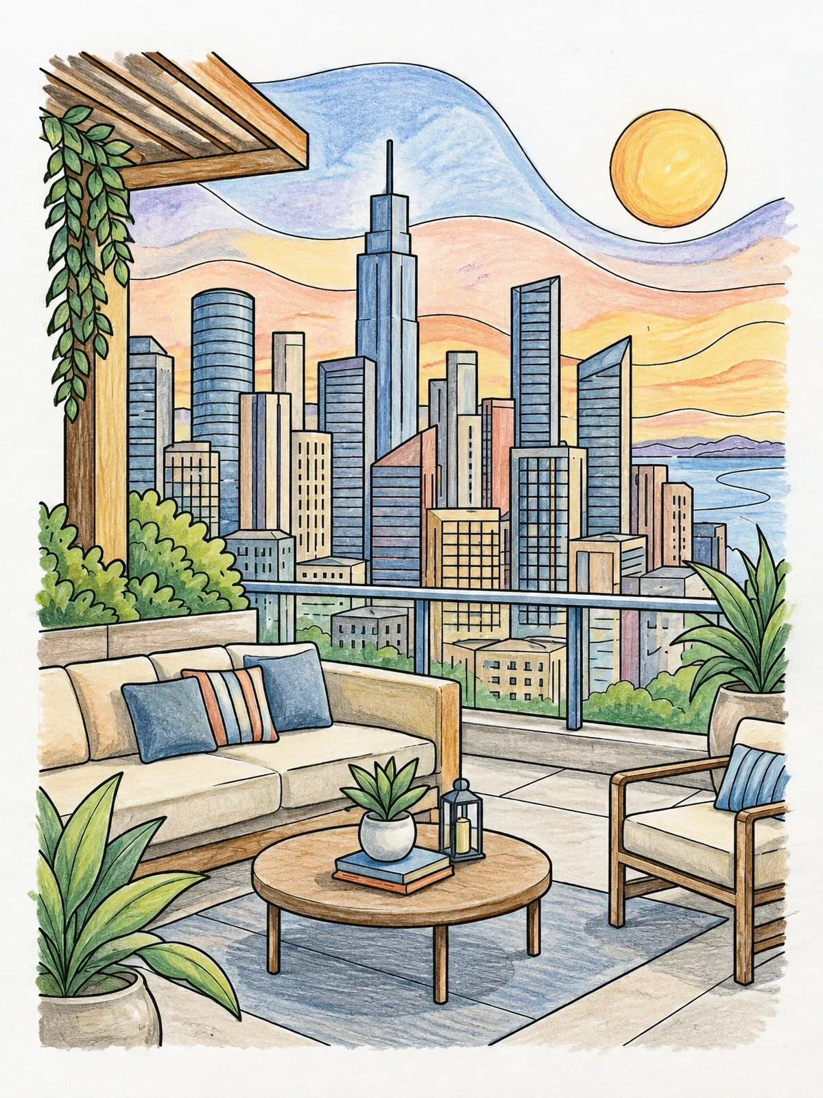 Colored example of the Rooftop Terrace City View coloring page