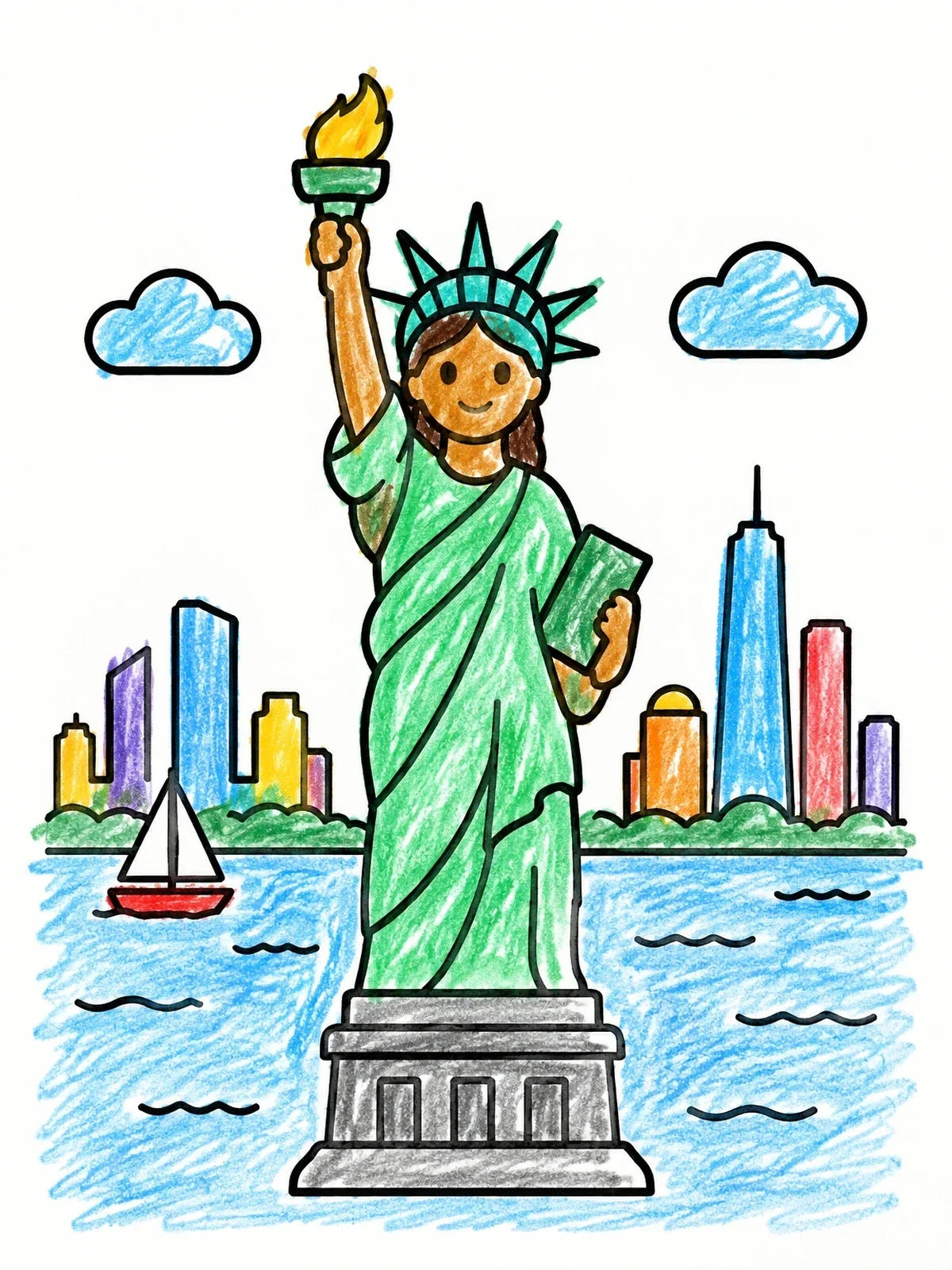 Colored example of the Statue Of Liberty In Harbor coloring page