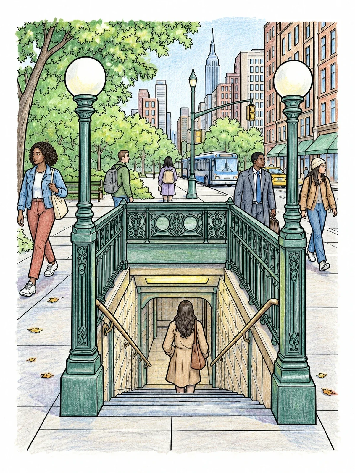 Colored example of the New York Subway Entrance On City Street coloring page