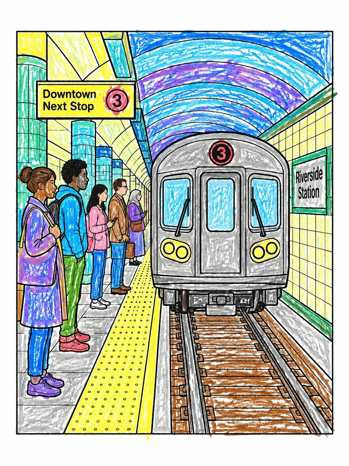 Colored example of the Subway Train At Riverside Station coloring page
