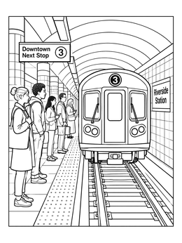 Free printable Subway Train At Riverside Station coloring page