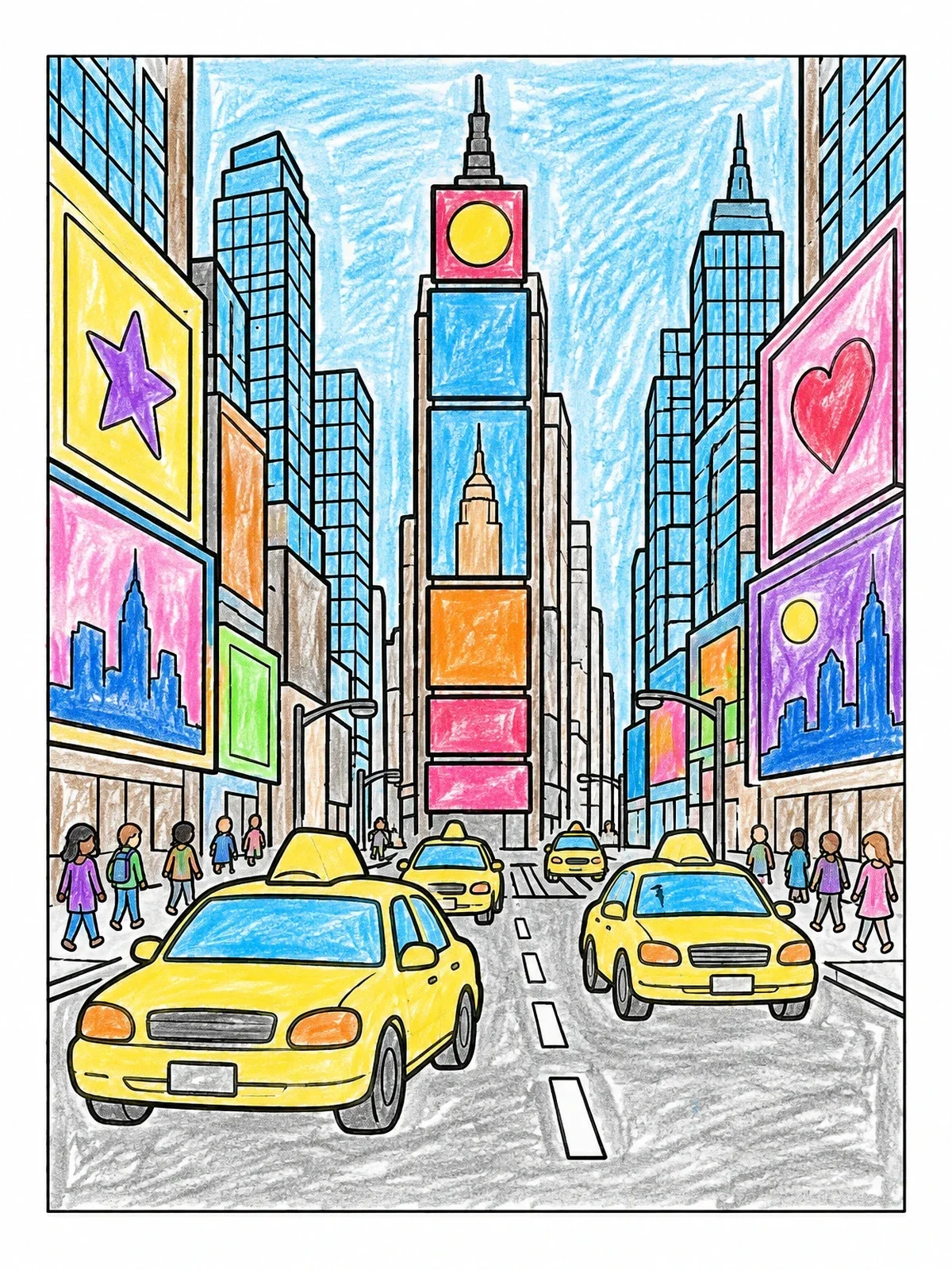 Colored example of the Busy Times Square Street coloring page