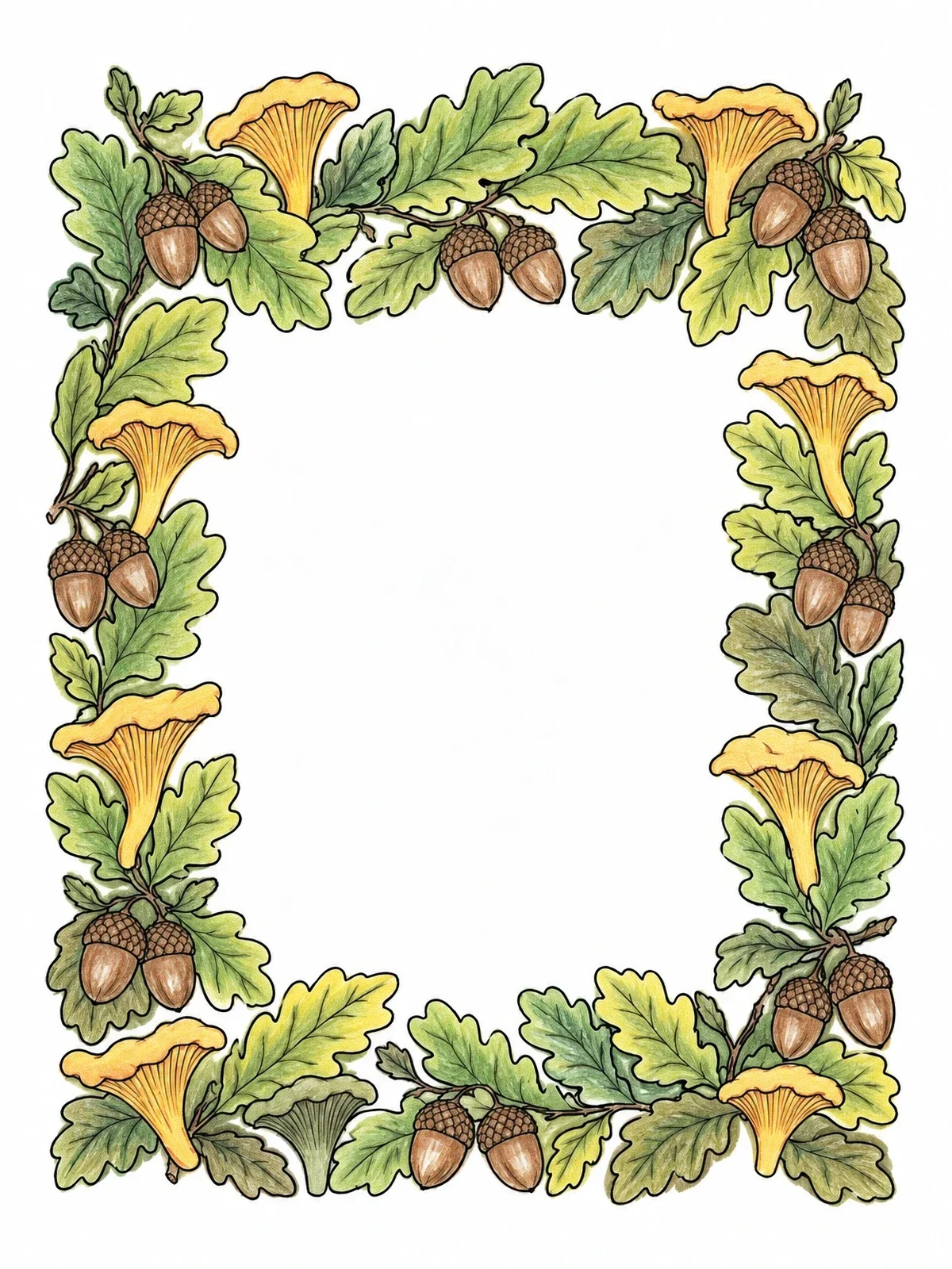 Colored example of the Oak Leaves And Chanterelles Frame coloring page