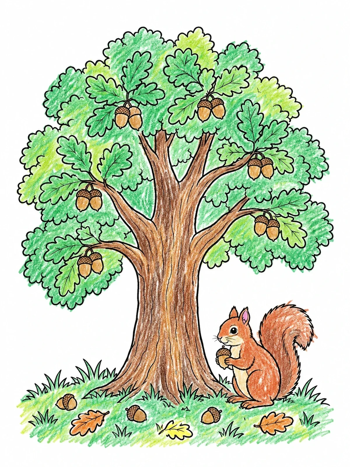 Colored example of the Oak Tree With Acorns And Squirrel coloring page