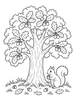 Free printable Oak Tree With Acorns And Squirrel coloring page