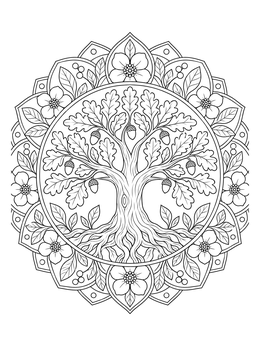 An intricate oak tree coloring page designed as a floral mandala.