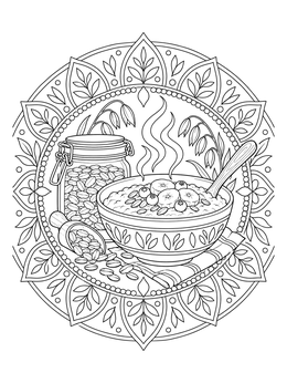 A steaming bowl of oatmeal in this grains coloring page with oats and a mandala border.
