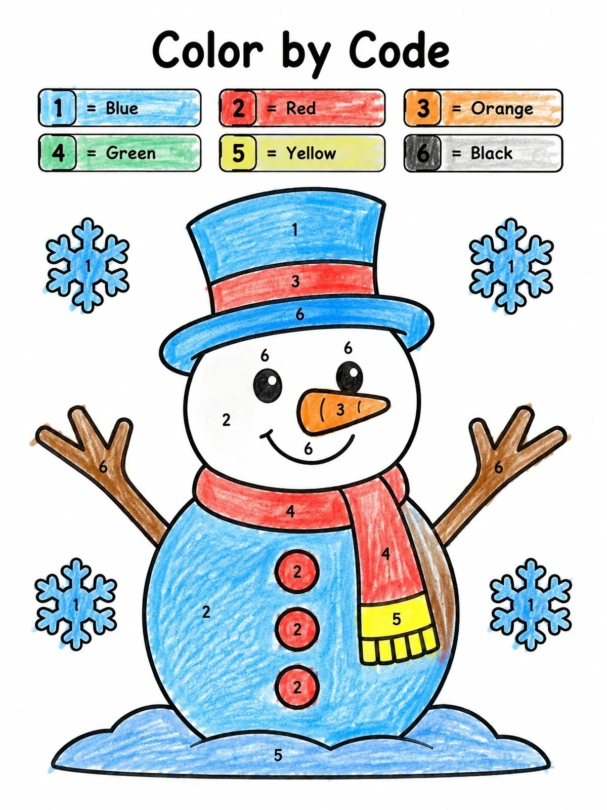 Colored example of the Color By Code Snowman Activity coloring page