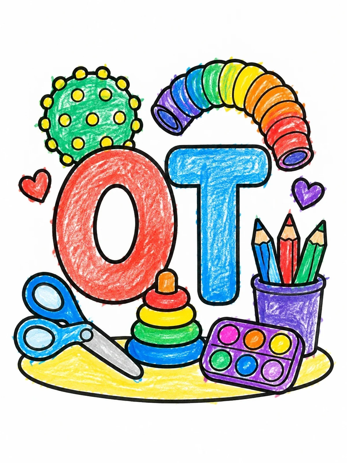 Colored example of the Ot Letters With Sensory Toys coloring page