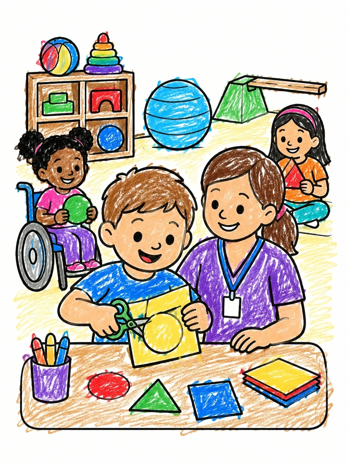 Colored example of the Child Practicing Scissors In Occupational Therapy coloring page