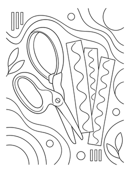 An occupational therapy coloring page showing adaptive loop scissors beside patterned paper strips.