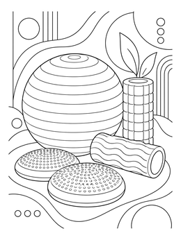 An occupational therapy coloring page featuring an exercise ball, foam rollers, and balance discs.